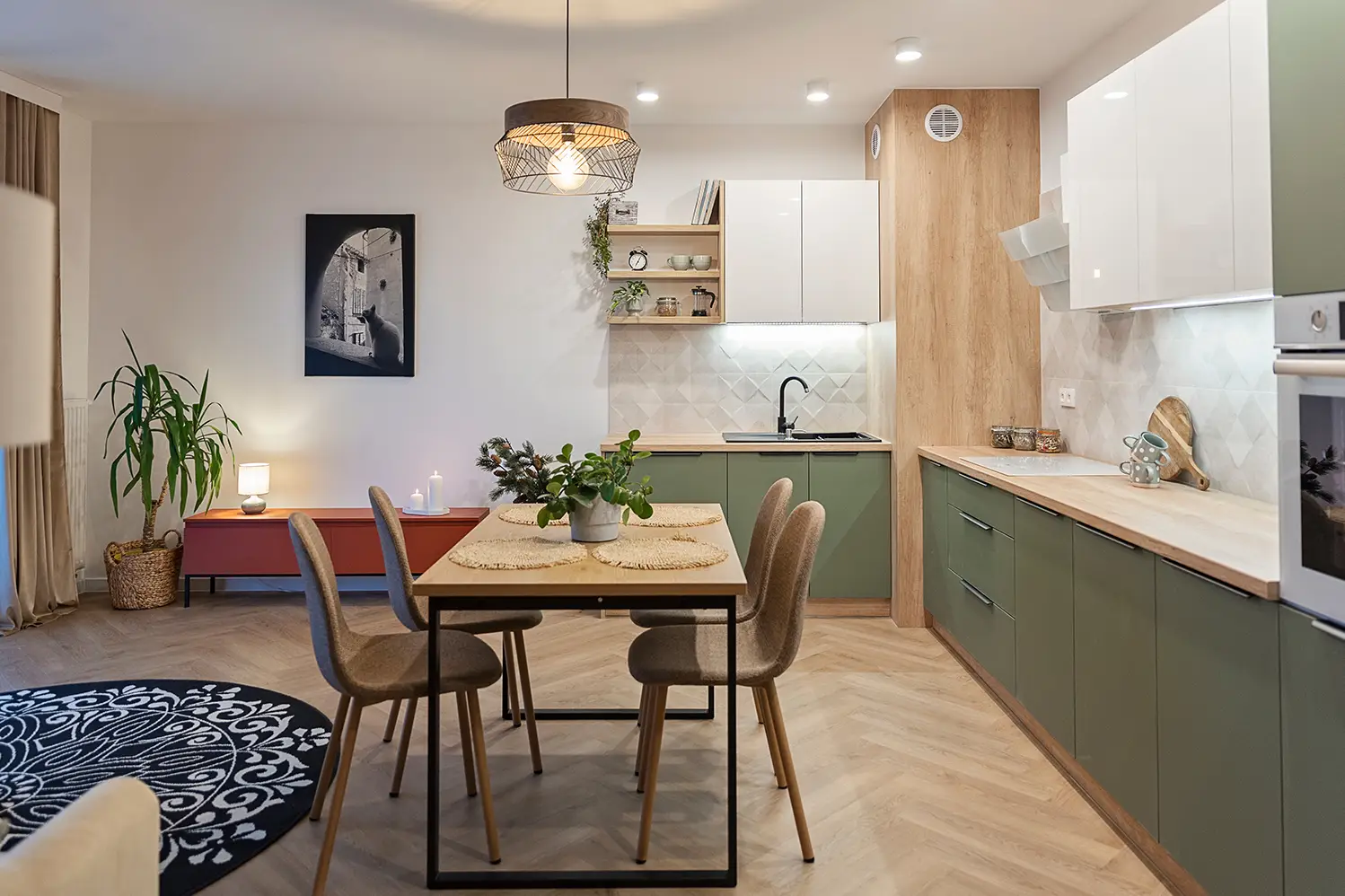 Modern sage green painted kitchen cabinets